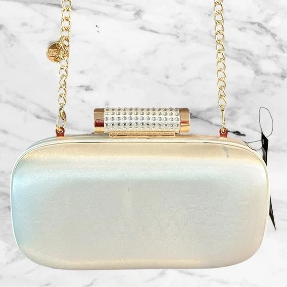 Badgley Mischka Off White Satin Rhinestone Clutch Evening Handbag Chain - Picture 3 of 16